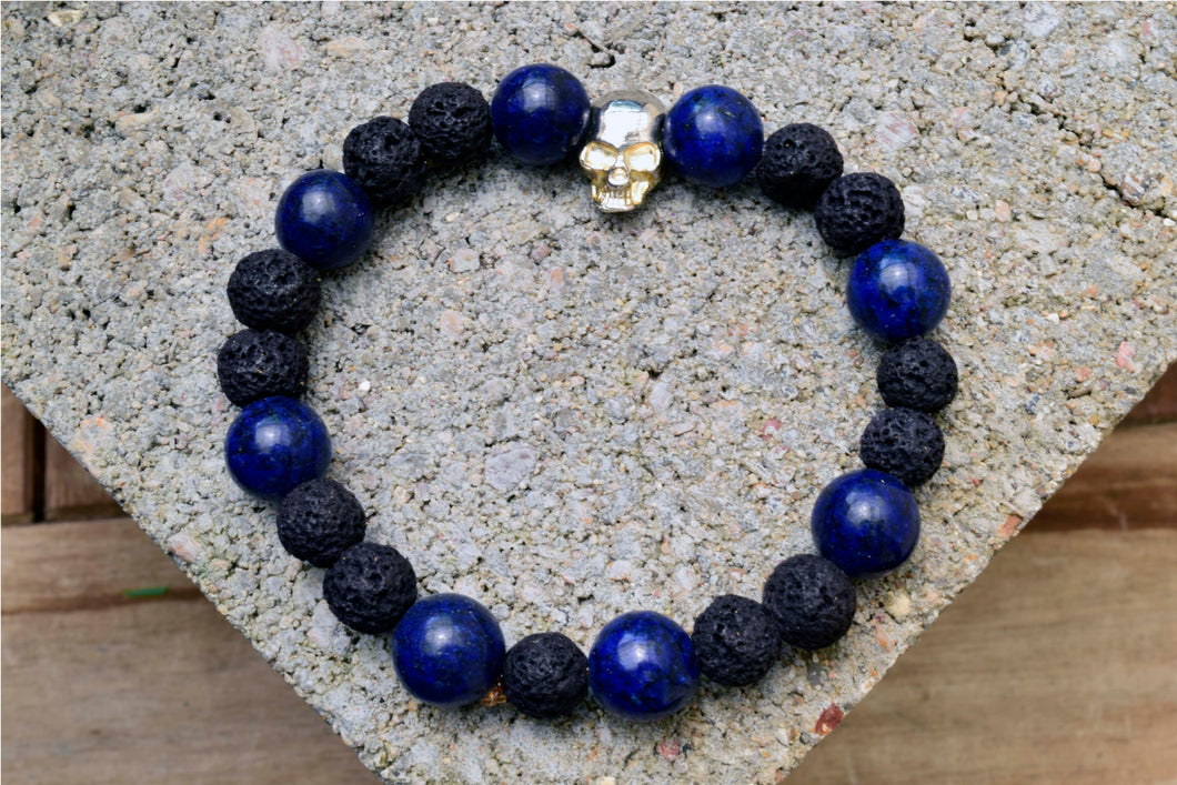 Skull, Lapis Lazuli & Lava Stone Bracelet